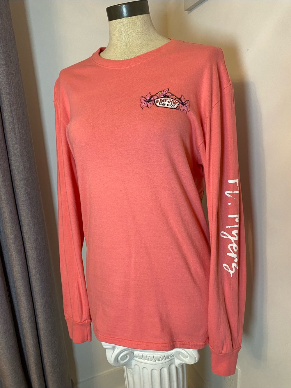 RON JON 🌺 Coral Long Sleeve Tee with Chest Patch and Sleeve Script